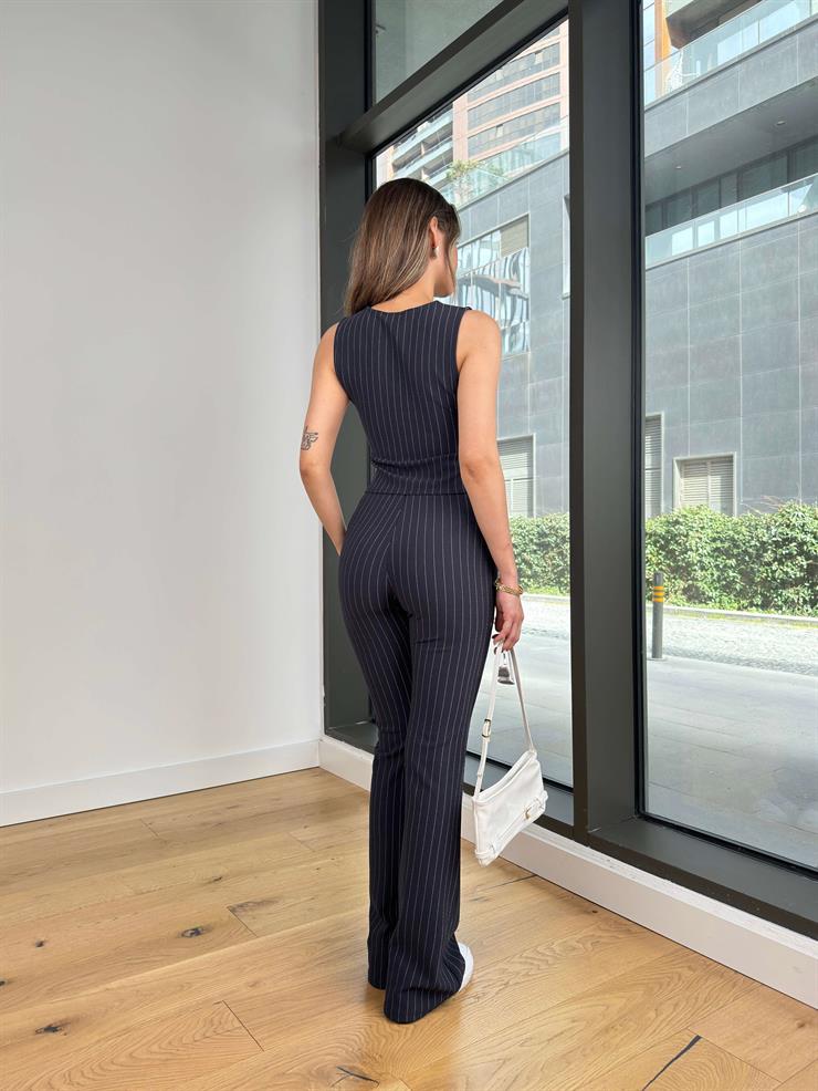 Düğme Kapamalı Crop Yelek Yüksek Bel İspanyol Paça Yelin Lacivert Kadın Çizgili Takım 25Y132