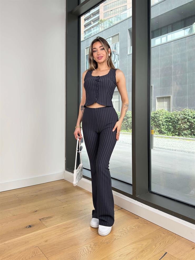 Düğme Kapamalı Crop Yelek Yüksek Bel İspanyol Paça Yelin Lacivert Kadın Çizgili Takım 25Y132