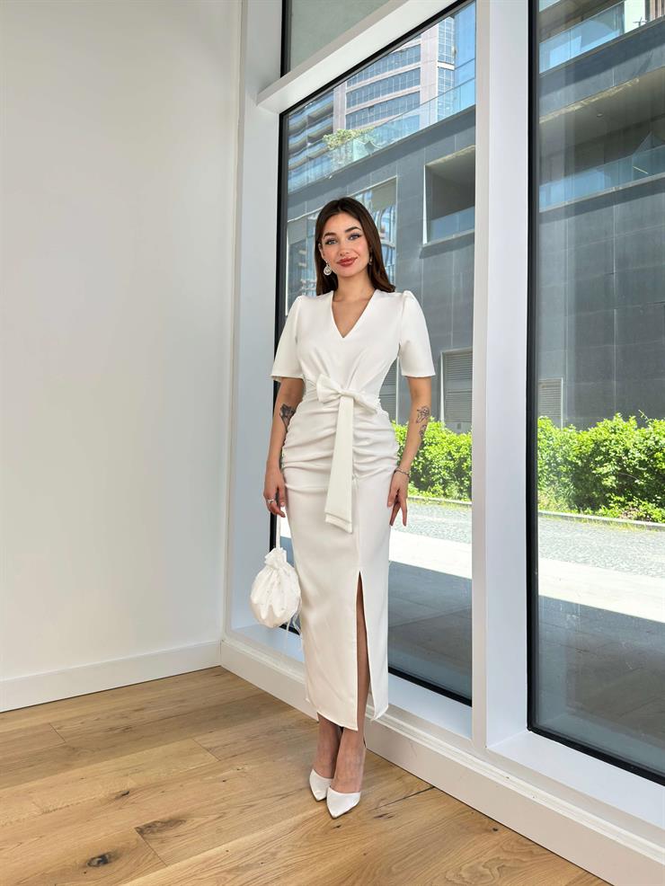 V Yaka Drapeli Fiyonk Detaylı Yerko Kadın Beyaz Elbise 24Y513