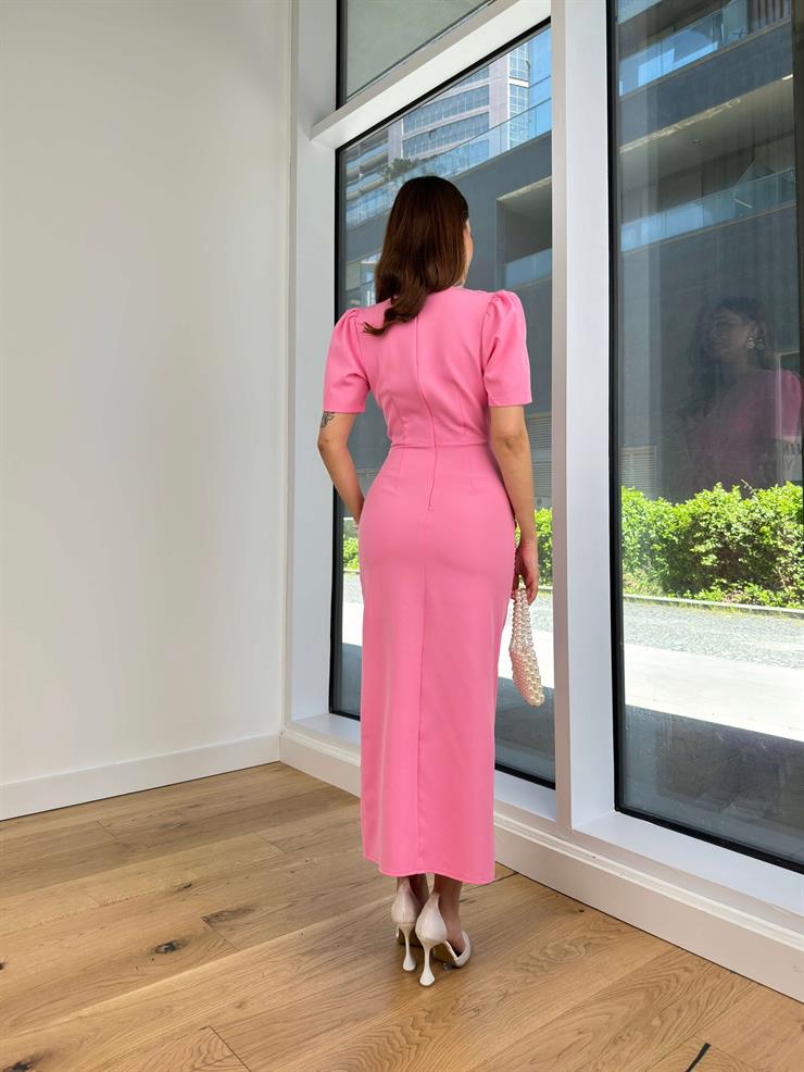 V Yaka Drapeli Fiyonk Detaylı Yerko Kadın Pembe Elbise 24Y513