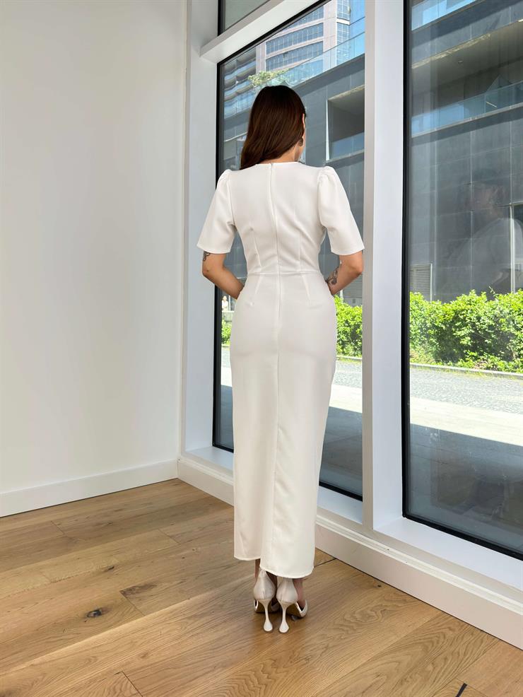 V Yaka Drapeli Fiyonk Detaylı Yerko Kadın Beyaz Elbise 24Y513