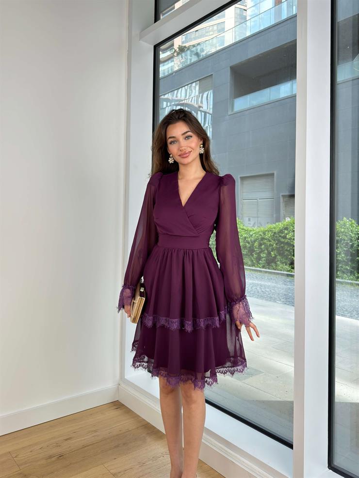 V Yaka Belden Bağlama Detaylı Eteği Katlı Yero Kadın Mor Mini Elbise 24Y484