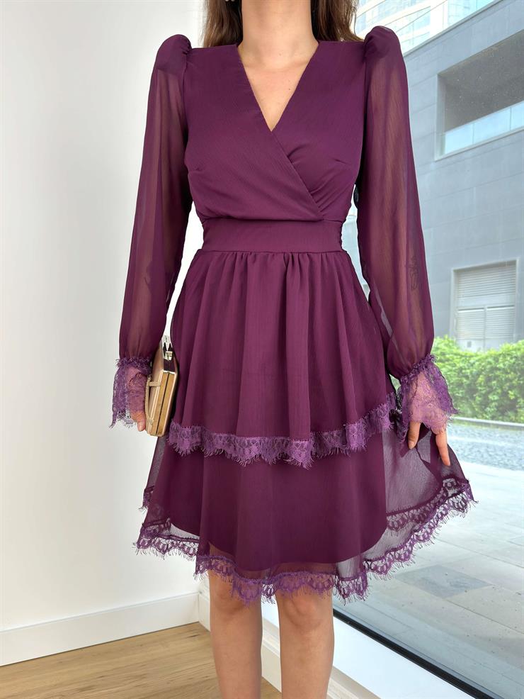 V Yaka Belden Bağlama Detaylı Eteği Katlı Yero Kadın Mor Mini Elbise 24Y484