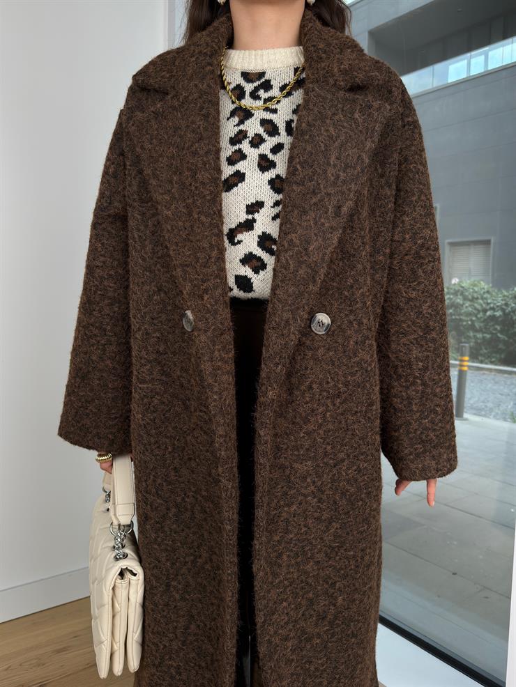 Düğme Detaylı Oversize Yeslane Kahve Kadın Uzun Kaban 25K367