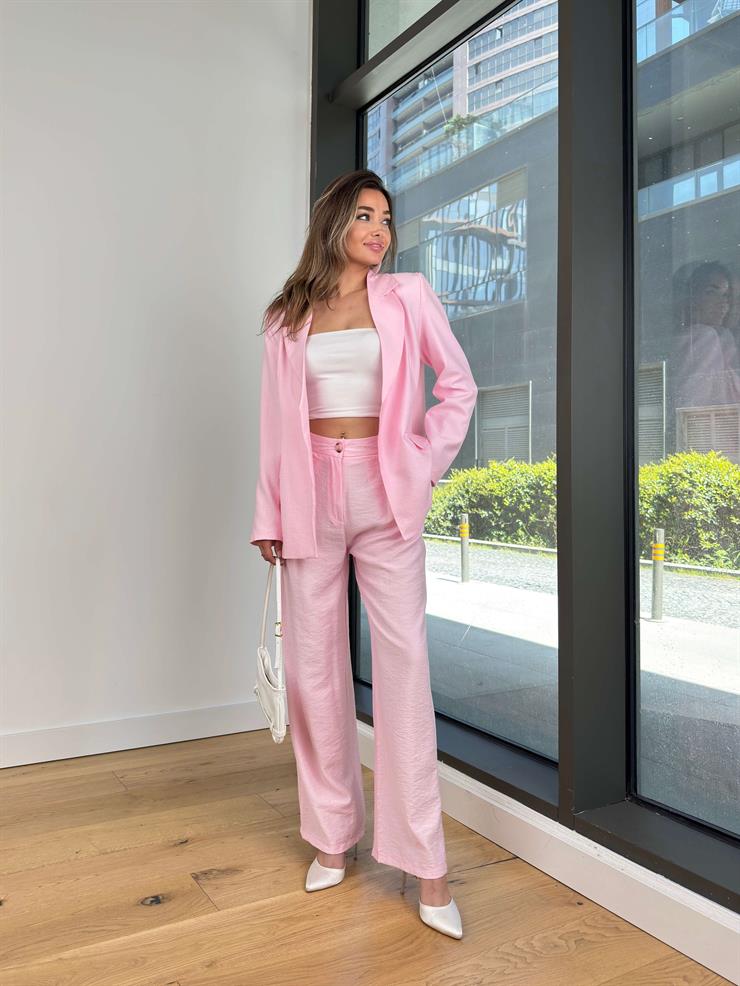 Omuz Vatkalı Kapamasız Yıır Pembe Kadın Blazer Ceket 25Y078