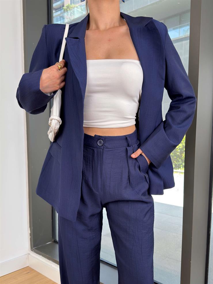 Omuz Vatkalı Kapamasız Yıır Lacivert Kadın Blazer Ceket 25Y078