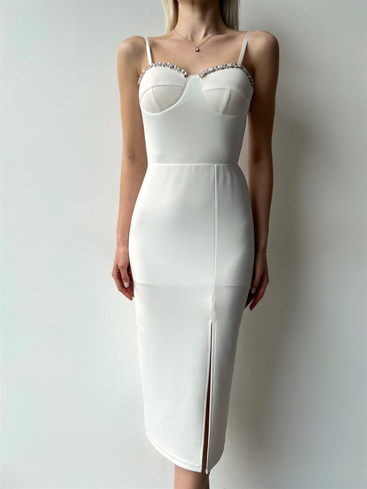 Yırtmaçlı Göğüs Çevresi Taş Detay İnce Askılı Trista Kadın Beyaz Elbise 22Y000136