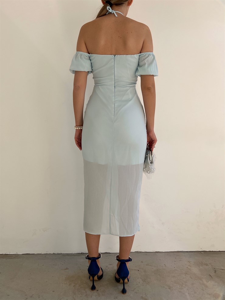 Yırtmaçlı Göğüs Kuplu Düğme Detay Midi Brenna Kadın Mavi Elbise 22K000572