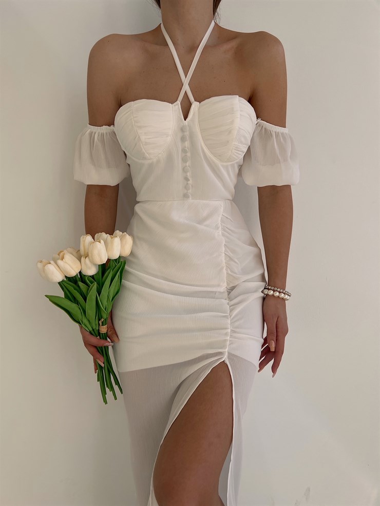 Yırtmaçlı Göğüs Kuplu Düğme Detay Midi Brenna Kadın Beyaz Elbise 22K000572