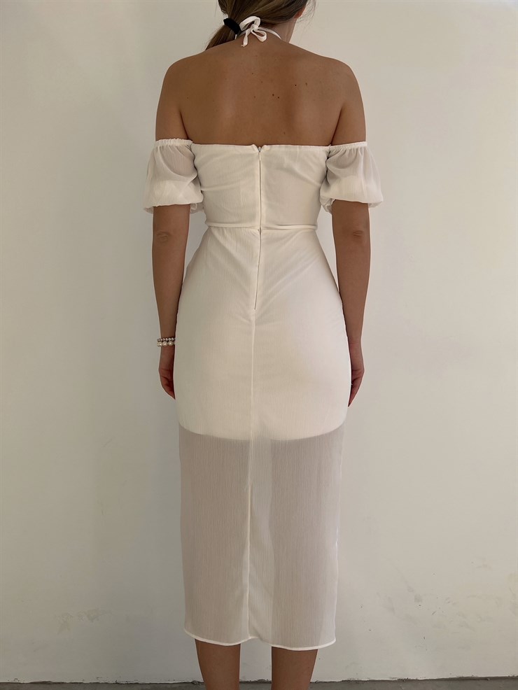 Yırtmaçlı Göğüs Kuplu Düğme Detay Midi Brenna Kadın Beyaz Elbise 22K000572