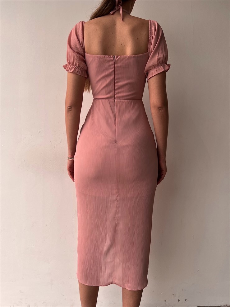 Yırtmaçlı Göğüs Kuplu Düğme Detay Midi Brenna Kadın Pudra Elbise 22K000572