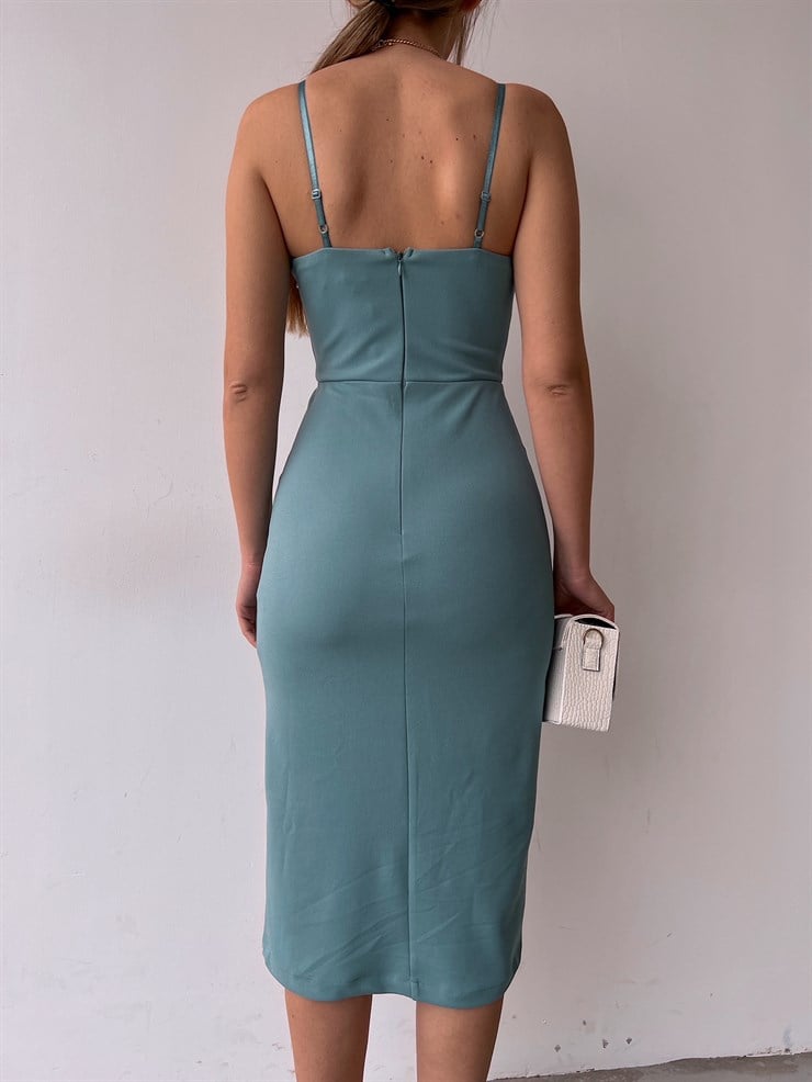 Yırtmaçlı Göğüs Kuplu İnce Askılı Alivia Kadın Mint Elbise 22K000611