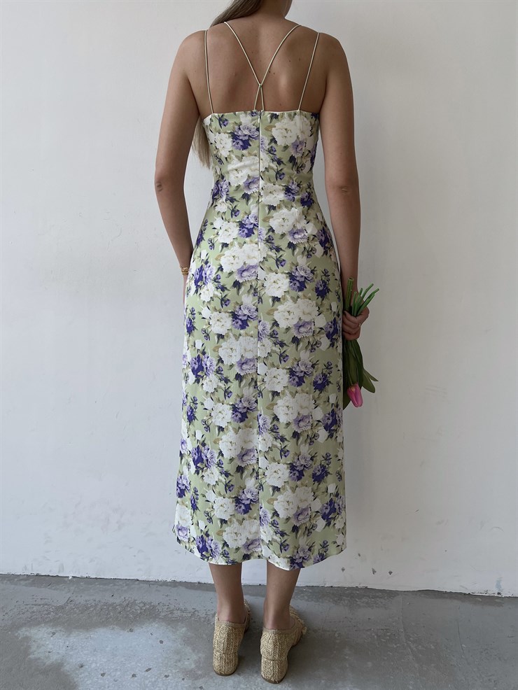 Yırtmaçlı İnce Lastik Askılı Çiçekli Nidus Kadın Yeşil Elbise 22Y000329