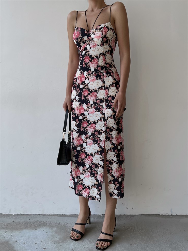 Yırtmaçlı İnce Lastik Askılı Çiçekli Nidus Kadın Siyah Elbise 22Y000329