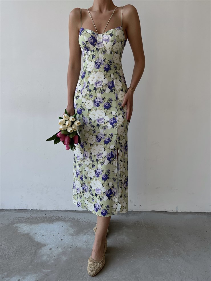 Yırtmaçlı İnce Lastik Askılı Çiçekli Nidus Kadın Yeşil Elbise 22Y000329