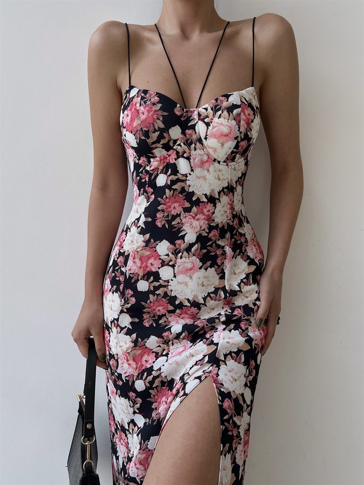 Yırtmaçlı İnce Lastik Askılı Çiçekli Nidus Kadın Siyah Elbise 22Y000329