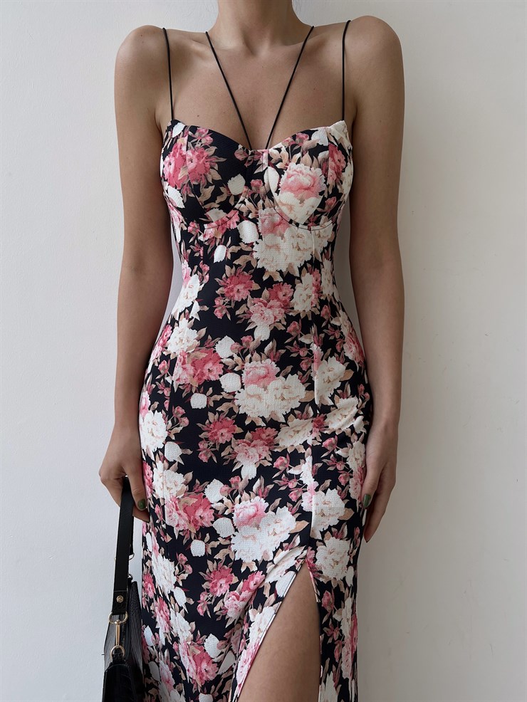 Yırtmaçlı İnce Lastik Askılı Çiçekli Nidus Kadın Siyah Elbise 22Y000329