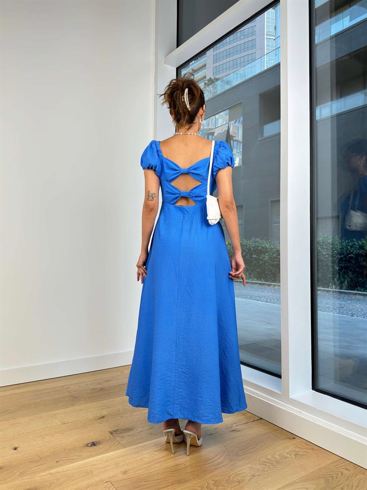 Kare Yaka Kısa Balon Kol Arkası Fiyonk Detaylı Yousra Kadın Mavi Elbise 24Y741