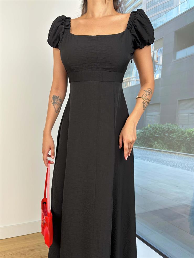 Kare Yaka Kısa Balon Kol Arkası Fiyonk Detaylı Yousra Kadın Siyah Elbise 24Y741