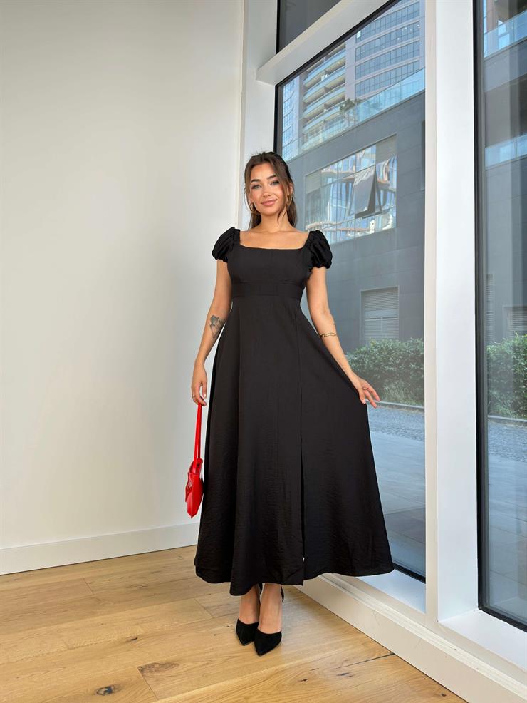 Kare Yaka Kısa Balon Kol Arkası Fiyonk Detaylı Yousra Kadın Siyah Elbise 24Y741