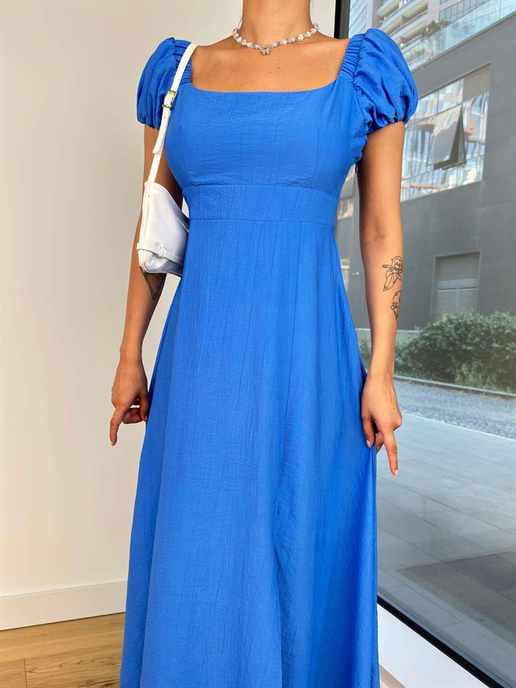 Kare Yaka Kısa Balon Kol Arkası Fiyonk Detaylı Yousra Kadın Mavi Elbise 24Y741