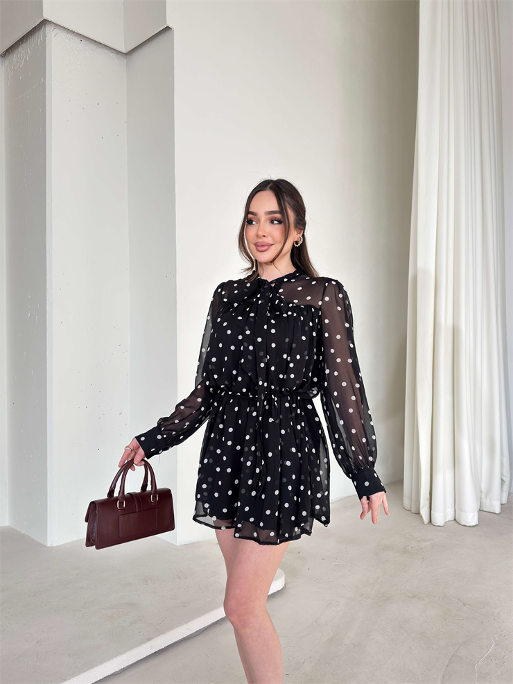 Puantiyeli Drapeli Pileli Şifon Yoven Siyah Kadın Elbise 26Y034