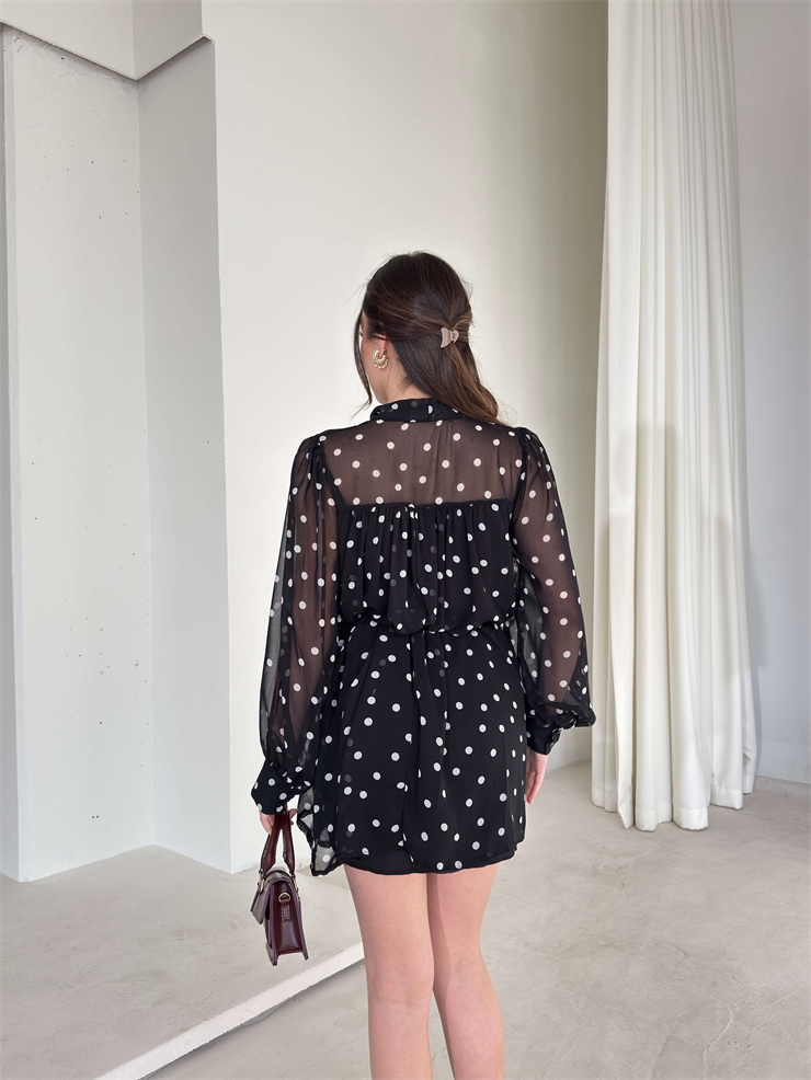 Puantiyeli Drapeli Pileli Şifon Yoven Siyah Kadın Elbise 26Y034