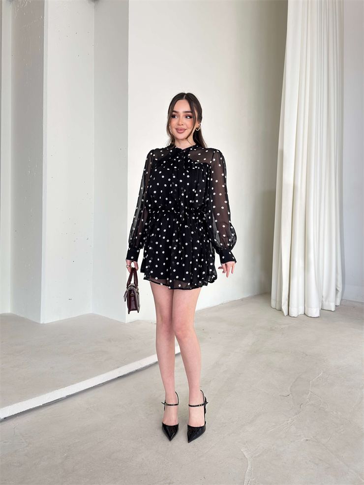 Puantiyeli Drapeli Pileli Şifon Yoven Siyah Kadın Elbise 26Y034