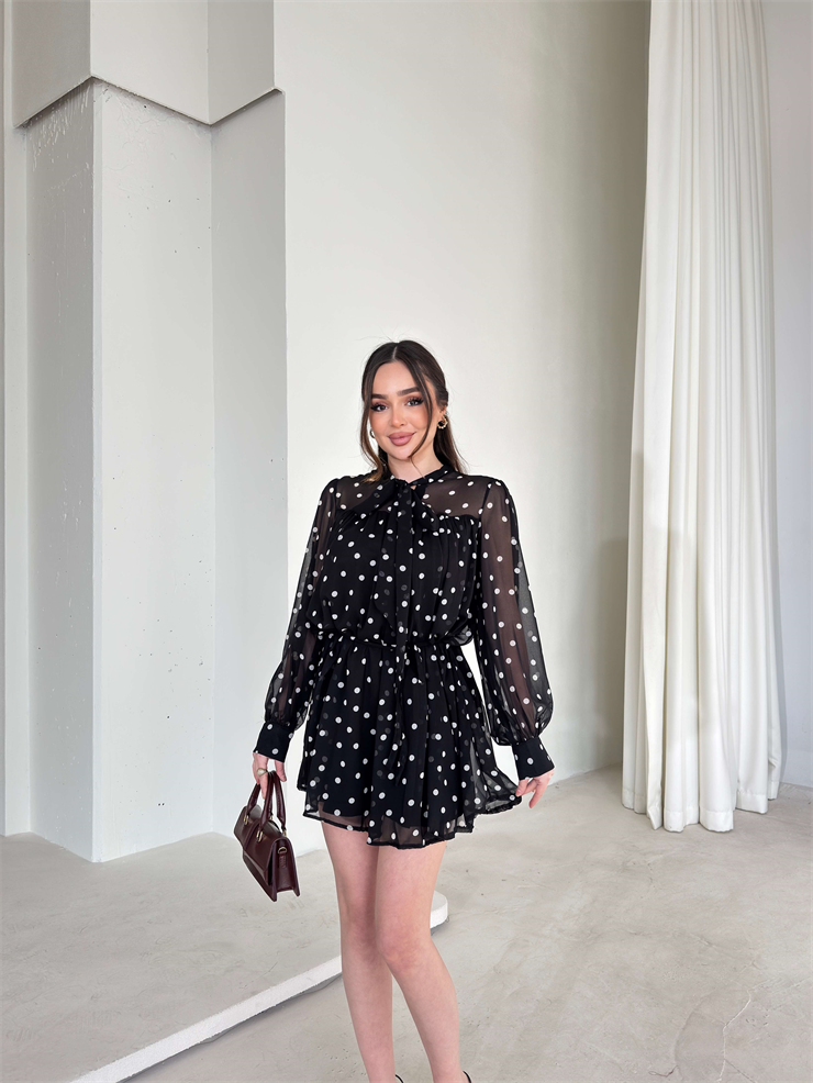 Puantiyeli Drapeli Pileli Şifon Yoven Siyah Kadın Elbise 26Y034