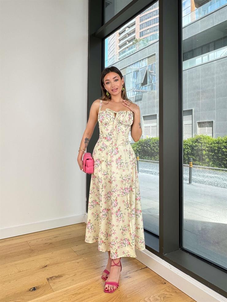 Askılı Göğüs Kısmı Büzgülü Yuflin Sarı Kadın Çiçekli Elbise 25Y339