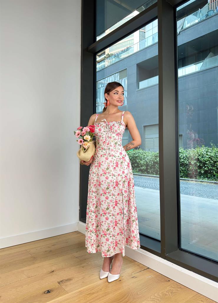 Askılı Göğüs Kısmı Büzgülü Yuflin Ekru Kadın Çiçekli Elbise 25Y339