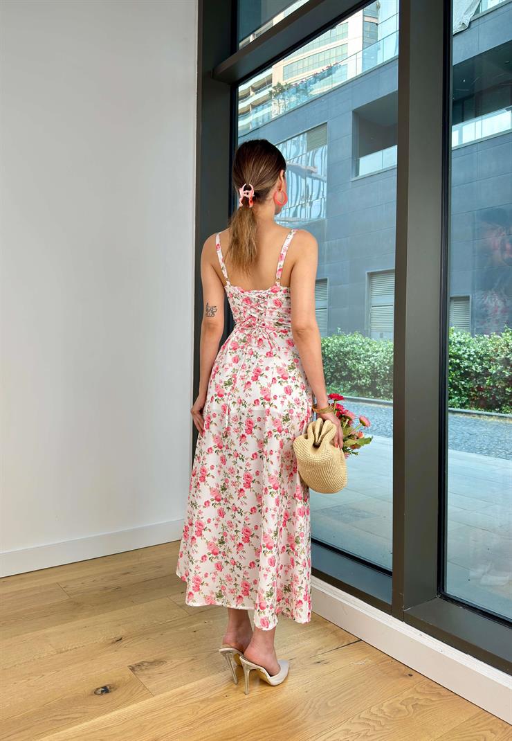 Askılı Göğüs Kısmı Büzgülü Yuflin Ekru Kadın Çiçekli Elbise 25Y339