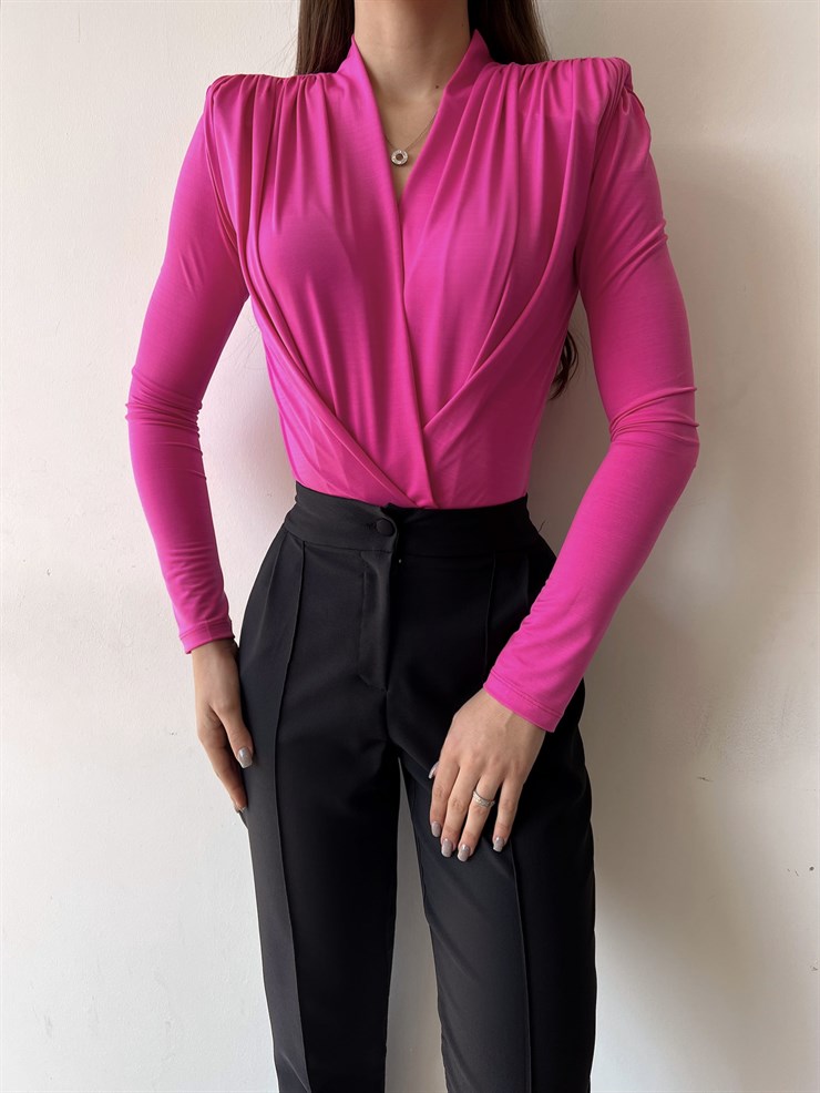 Omuzları Vatkalı Kruvaze Kadın Yuhanna Pembe Bodysuit 22K000004