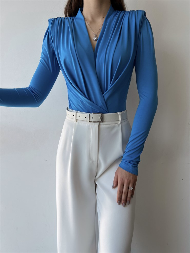 Omuzları Vatkalı Kruvaze Kadın Yuhanna Mavi Bodysuit 22K000004