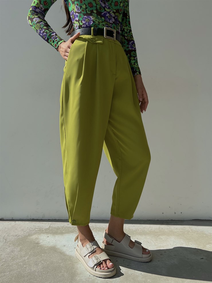 Yüksek Bel Beli Pileli Düğme Detay Geniş Paça Jazmin Kadın Yeşil Pantolon 22Y000085