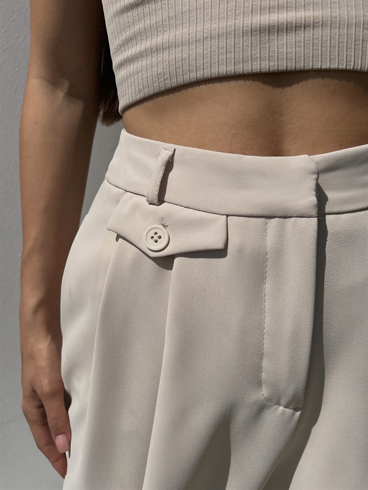 Yüksek Bel Beli Pileli Düğme Detay Geniş Paça Jazmin Kadın Bej Pantolon 22Y000085