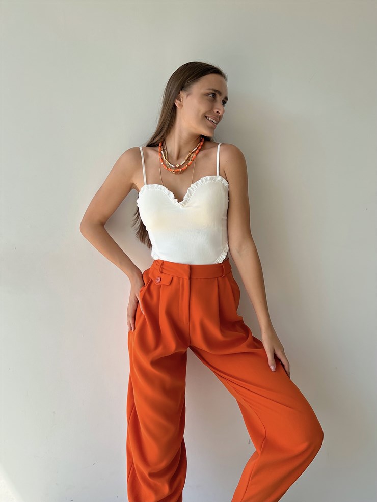Yüksek Bel Beli Pileli Düğme Detay Geniş Paça Jazmin Kadın Turuncu Pantolon 22Y000085