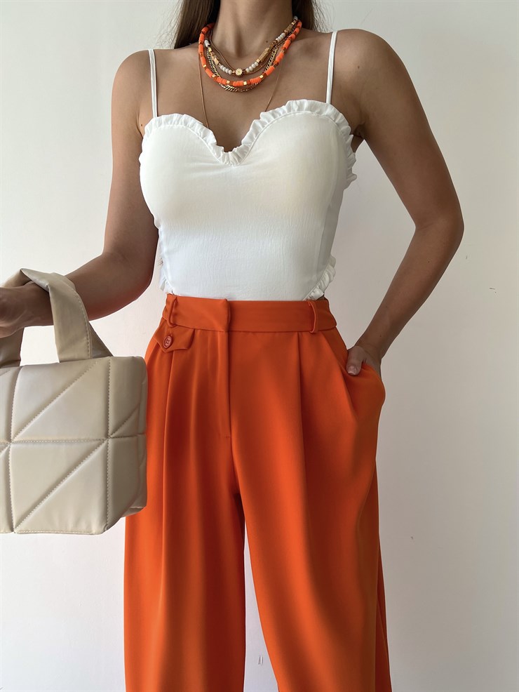 Yüksek Bel Beli Pileli Düğme Detay Geniş Paça Jazmin Kadın Turuncu Pantolon 22Y000085