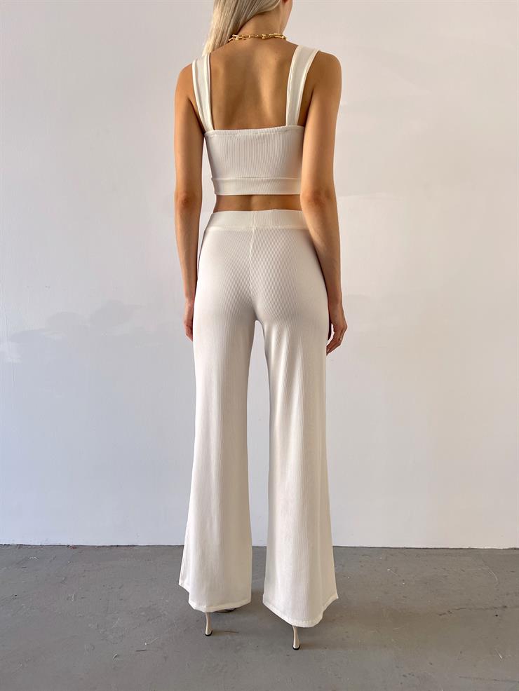 Yüksek Bel Beyonce Kadın Ekru Beli Lastikli Fitilli Pantolon 23Y000488