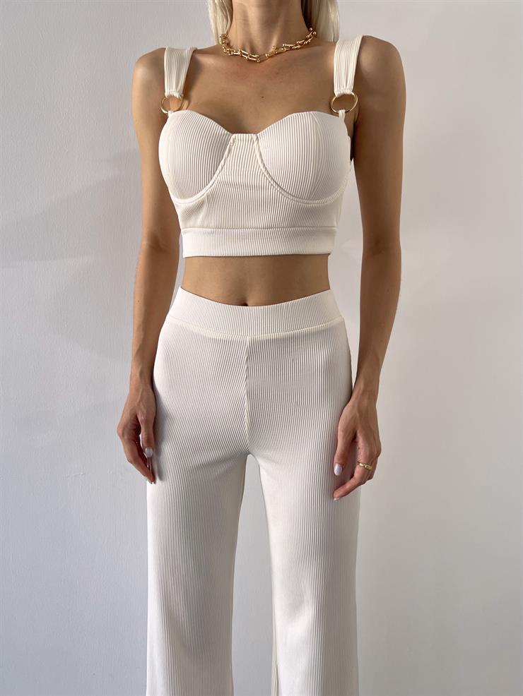 Yüksek Bel Beyonce Kadın Ekru Beli Lastikli Fitilli Pantolon 23Y000488