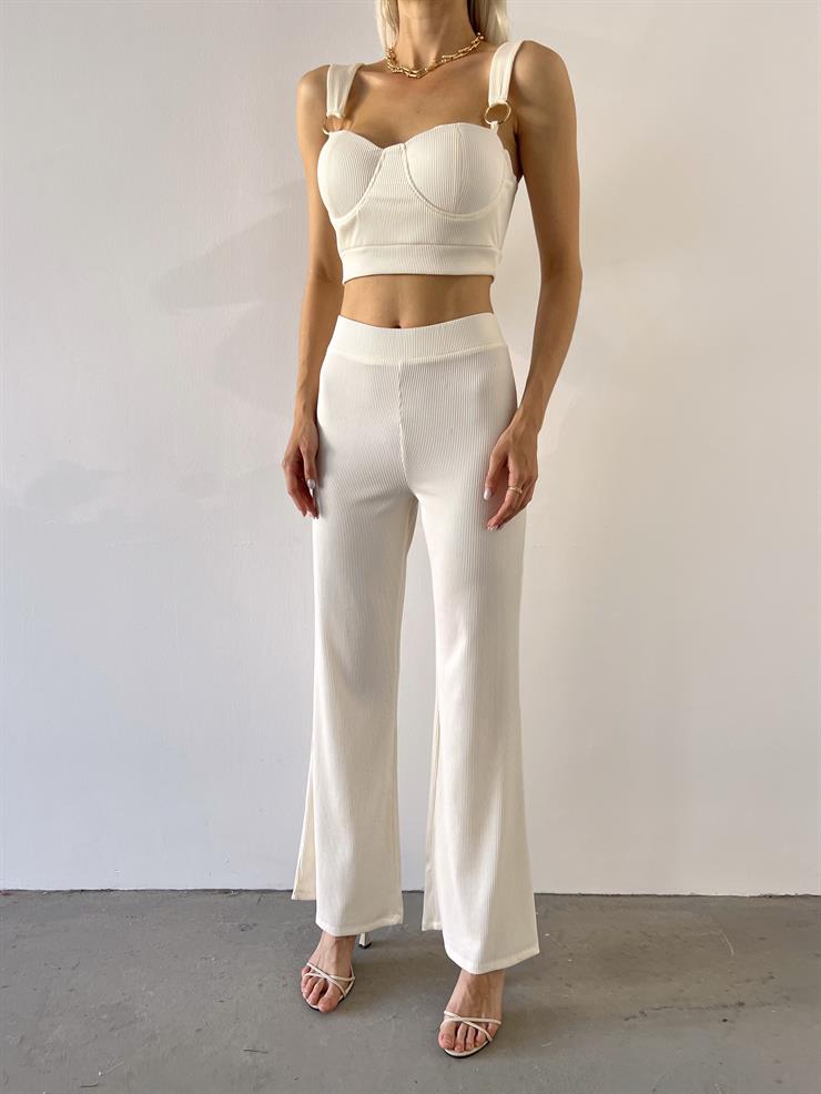 Yüksek Bel Beyonce Kadın Ekru Beli Lastikli Fitilli Pantolon 23Y000488