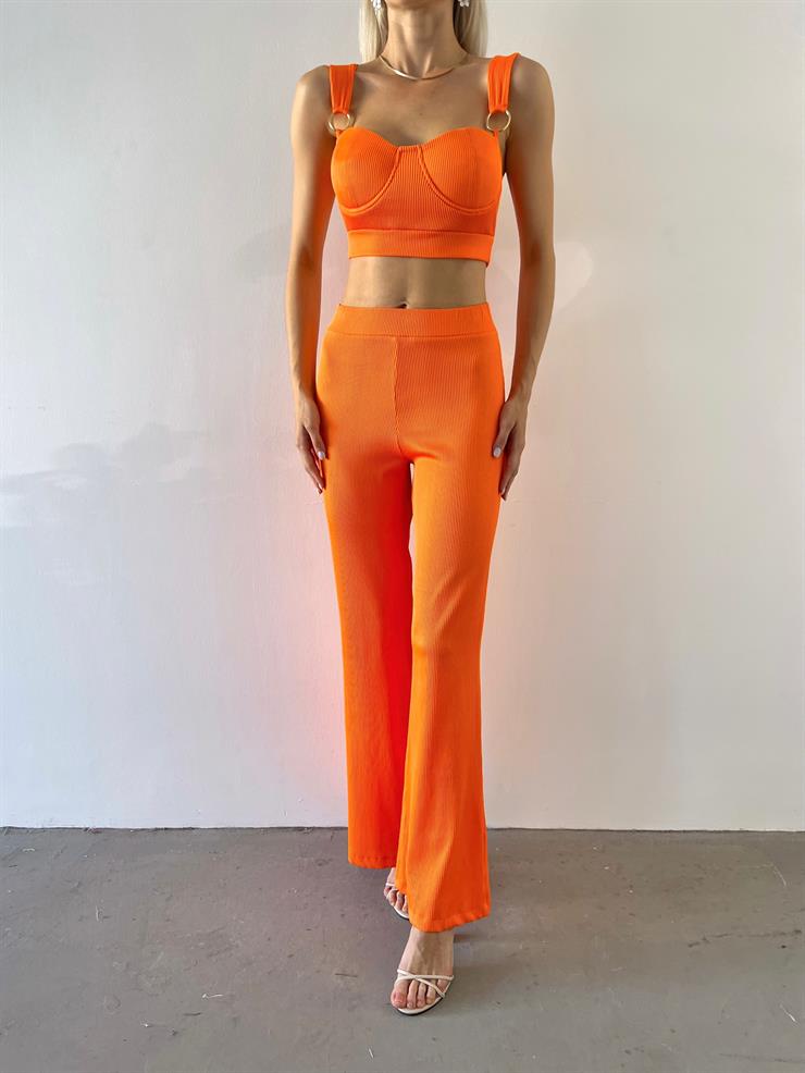 Yüksek Bel Beyonce Kadın Turuncu Beli Lastikli Fitilli Pantolon 23Y000488
