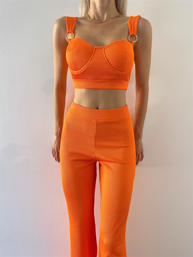 Yüksek Bel Beyonce Kadın Turuncu Beli Lastikli Fitilli Pantolon 23Y000488