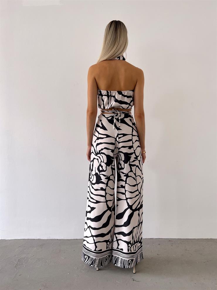 Yüksek Bel Bol Paça İıyana Kadın Siyah Desenli Pantolon 23Y000547