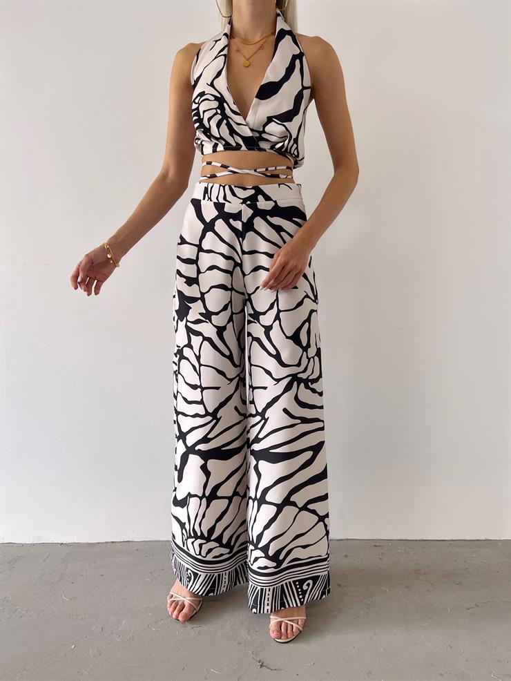 Yüksek Bel Bol Paça İıyana Kadın Siyah Desenli Pantolon 23Y000547