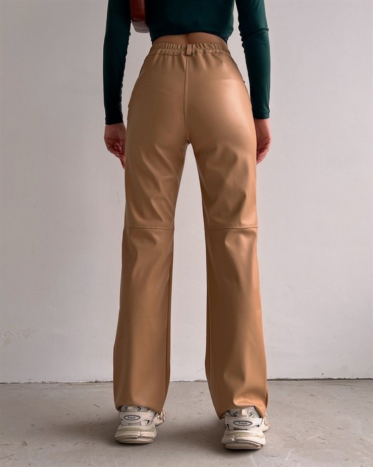 Yüksek Bel Deri Palazzo Kadın Bej Renk Pantolon 22K000178