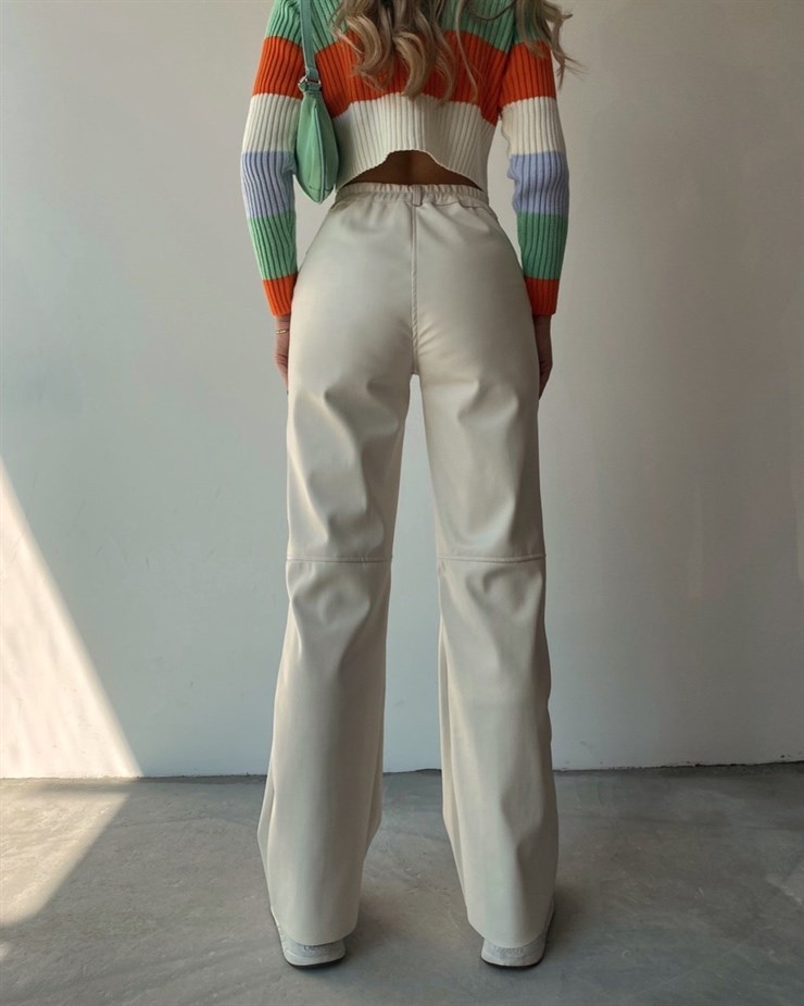 Yüksek Bel Deri Palazzo Kadın Beyaz Pantolon 22K000178