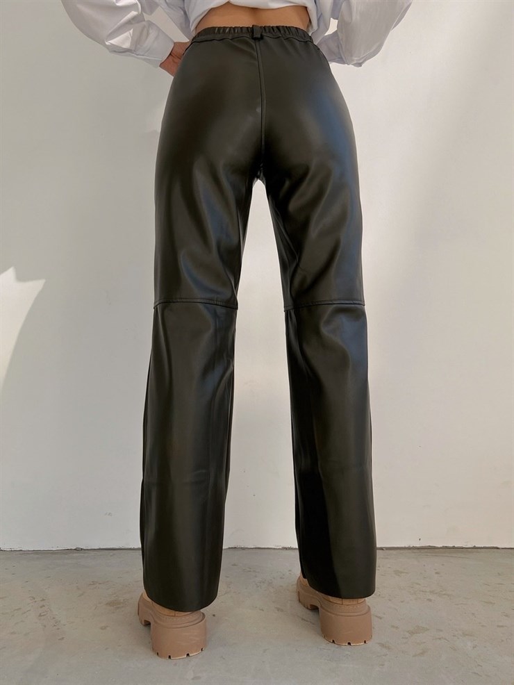 Yüksek Bel Deri Palazzo Kadın Haki Pantolon 22K000178