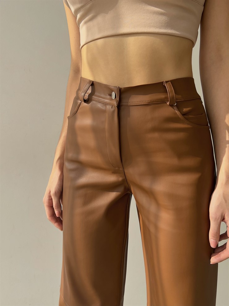 Yüksek Bel Deri Palazzo Kadın Kahverengi Pantolon 22K000178