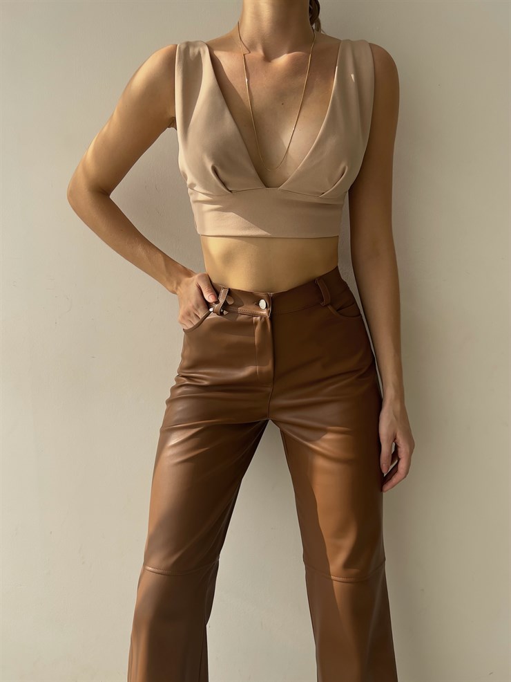 Yüksek Bel Deri Palazzo Kadın Kahverengi Pantolon 22K000178